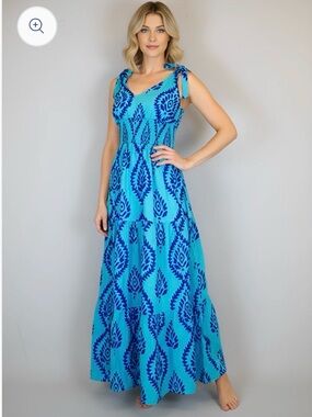 La Plage Turquoise Ikat Printed Tie-Shoulder Maxi Dress